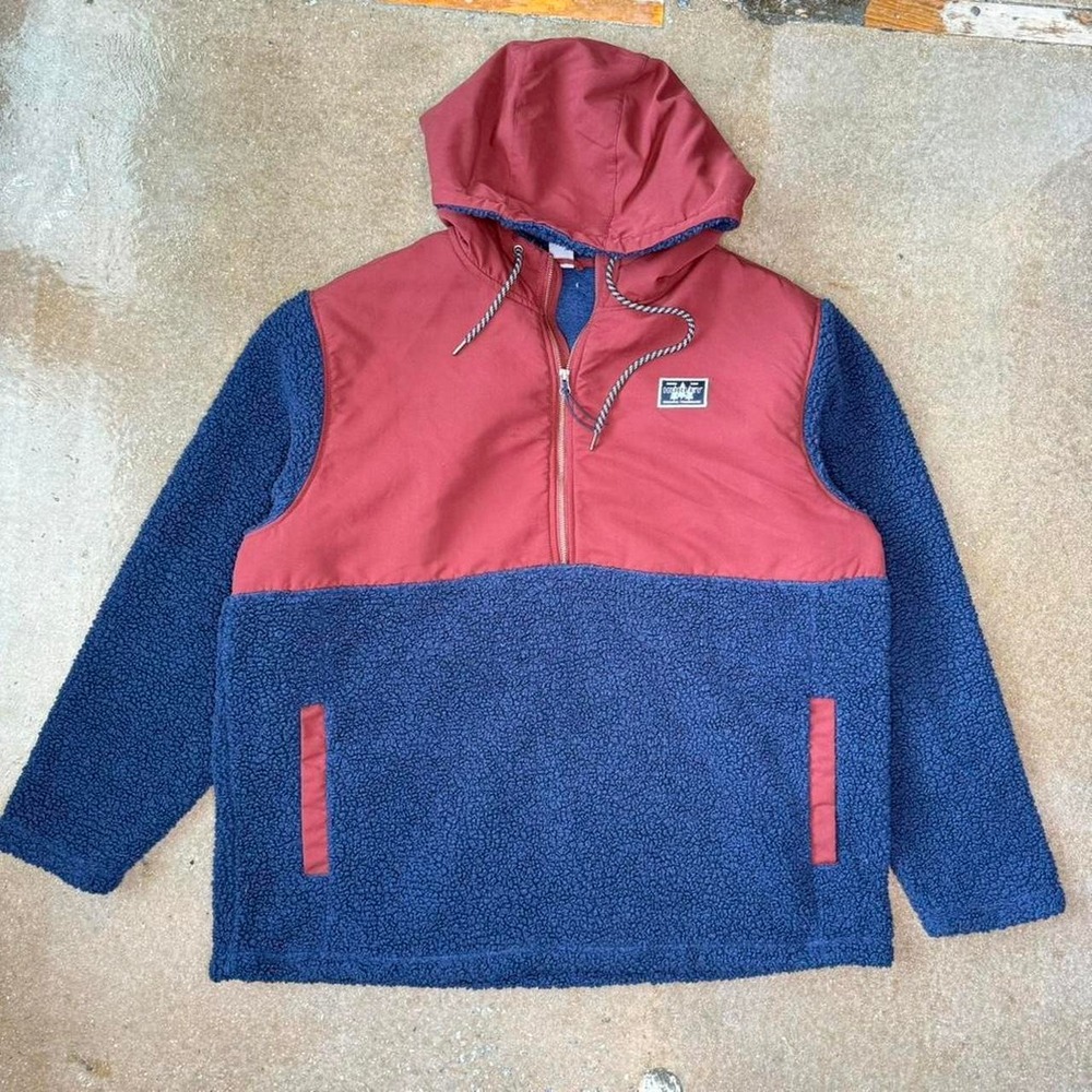 Hurley Mens XXL Sherpa Fleece Hoodie Quarter Zip Pullover Blue Red Colorblock